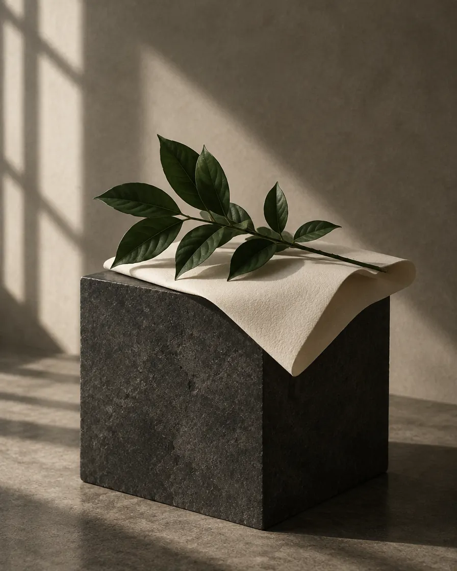 Deep green leaves resting on cream paper atop a charcoal stone plinth
