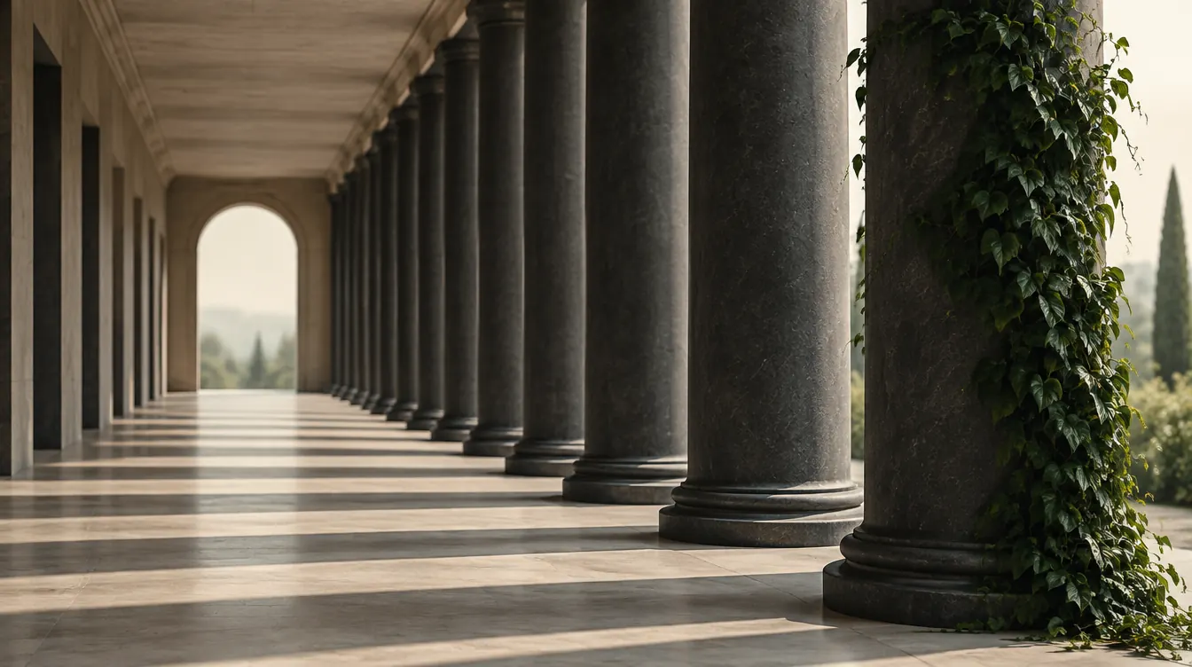 A quiet colonnade of charcoal columns receding into soft light