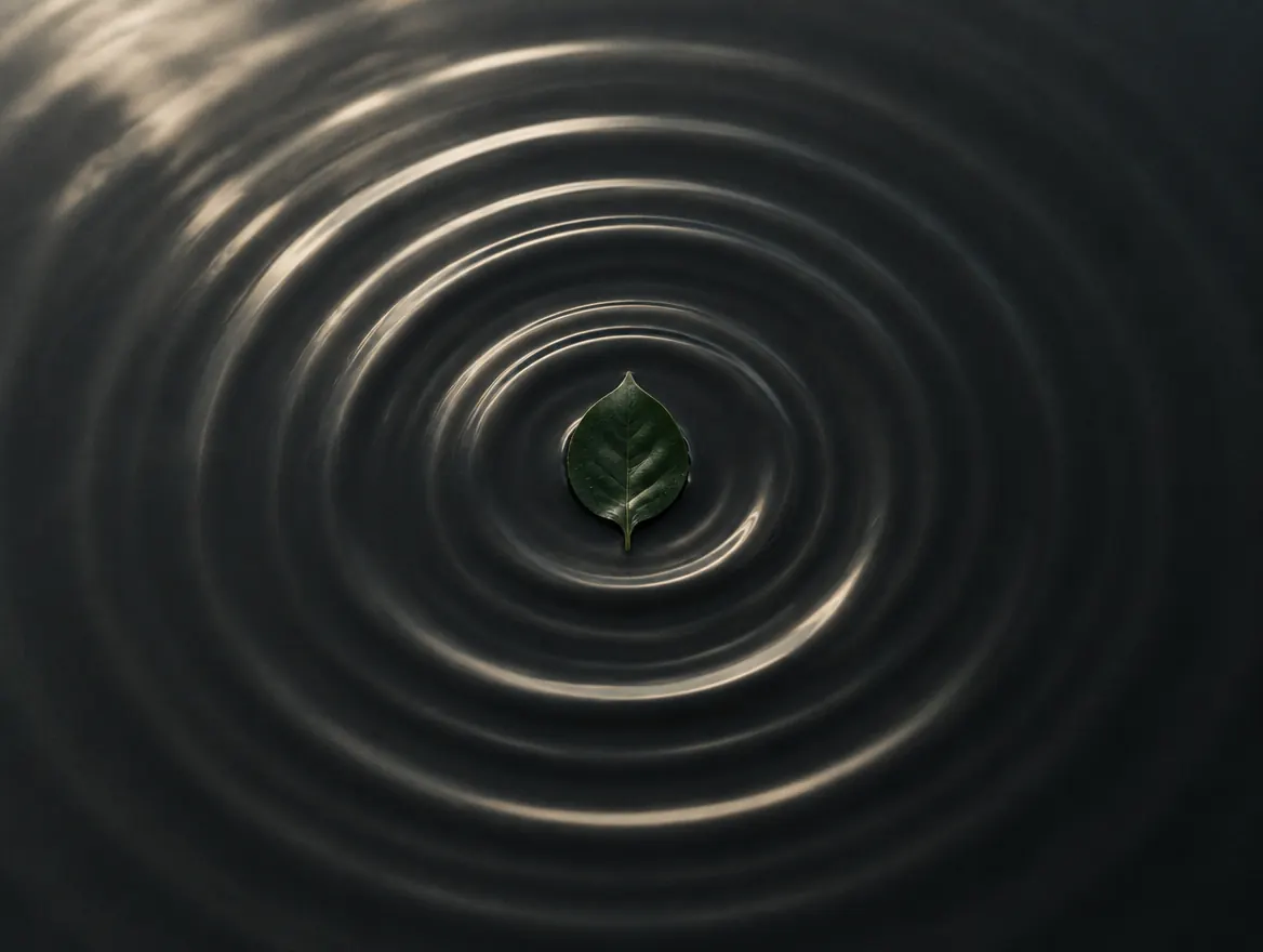 Concentric ripples spreading from a single green leaf on dark water