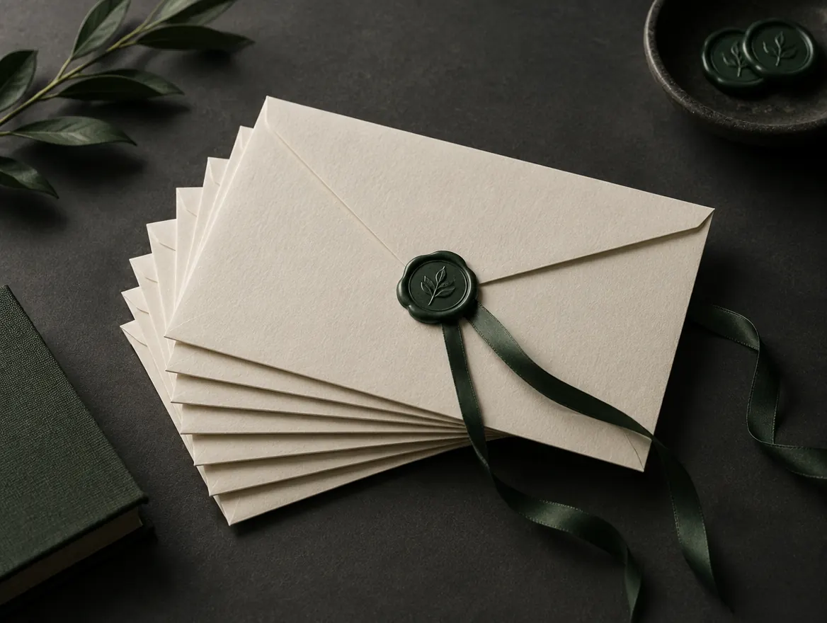 A stack of cream envelopes sealed with deep green wax
