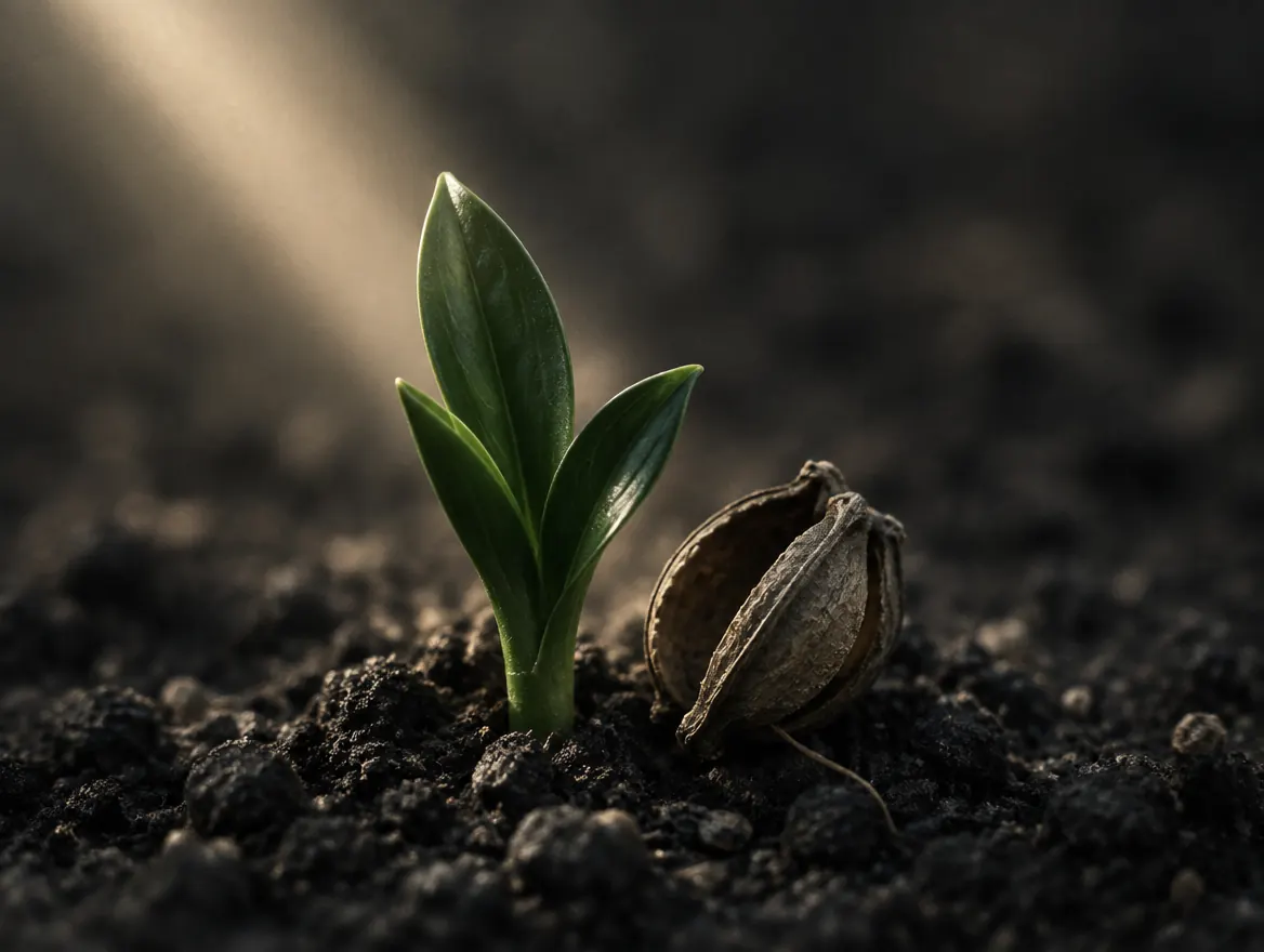 A new green shoot rising from dark soil beside a dormant seed