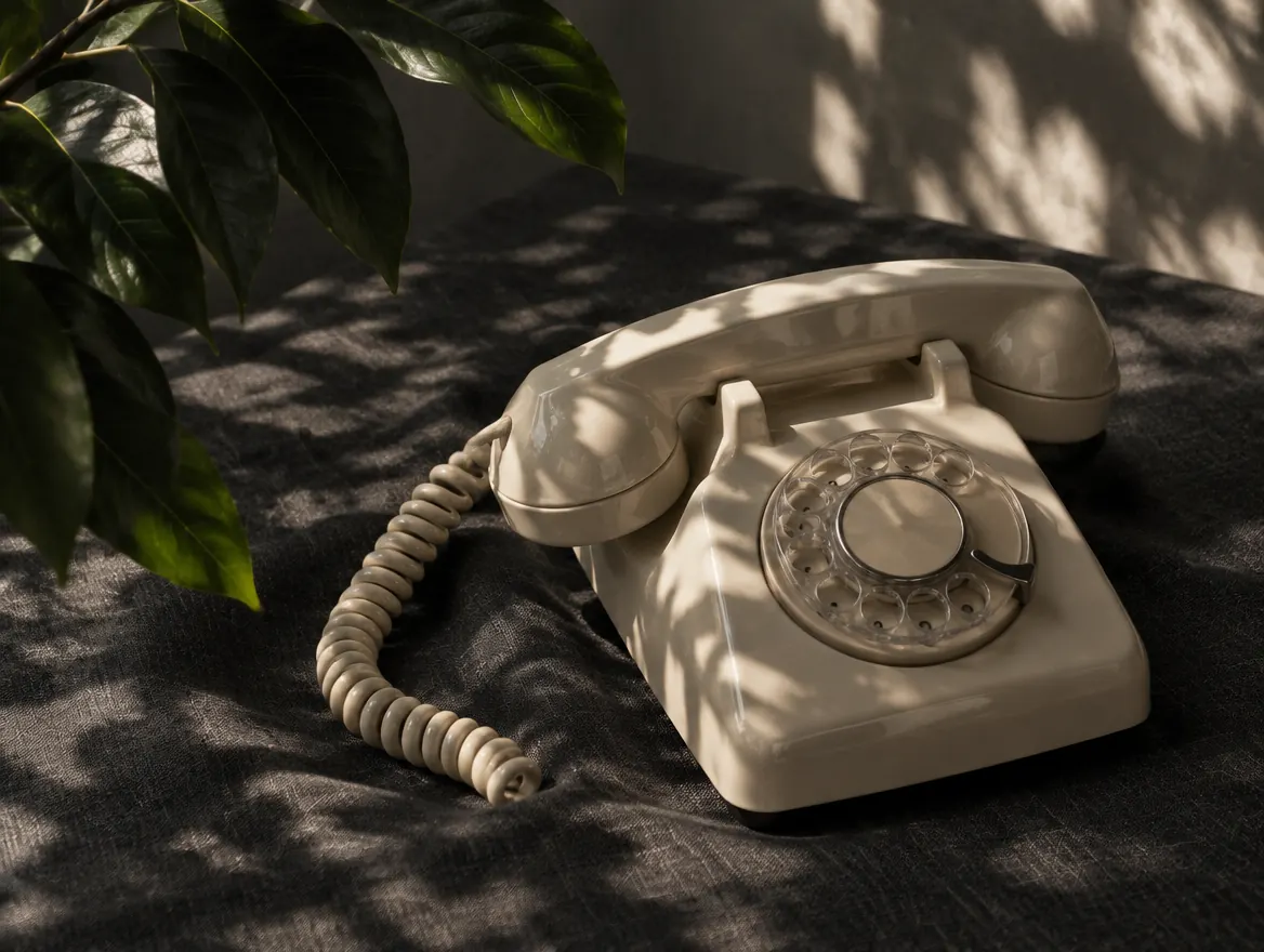 A cream ceramic telephone handset resting on charcoal linen