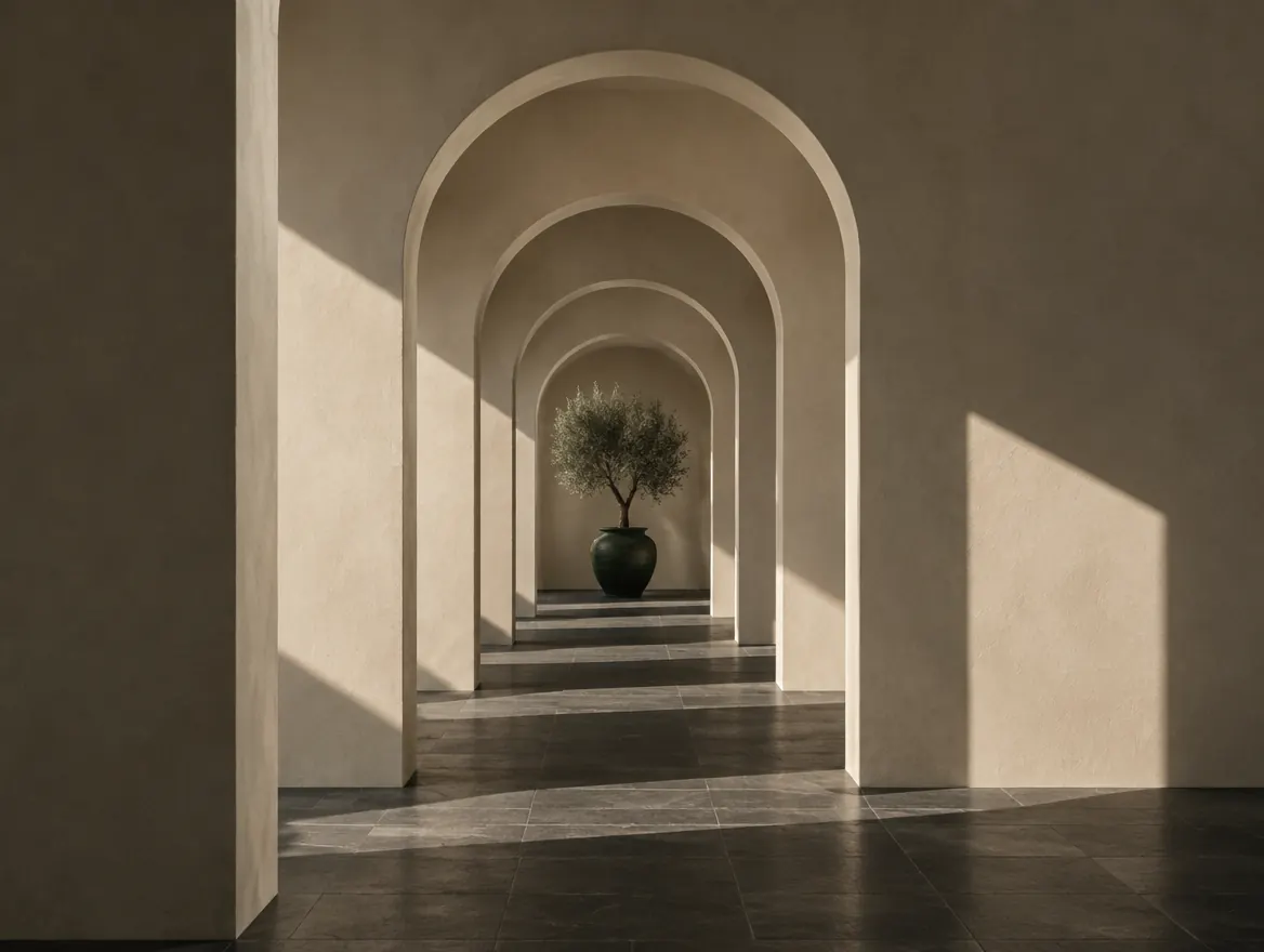 Cream plaster arches casting precise shadows with an olive tree beyond